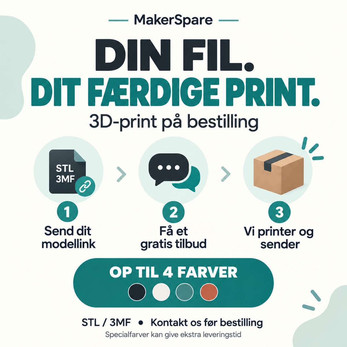 Send dit modellink, få et gratis tilbud, og få dit print tilsendt. Maksimalt fire farver.